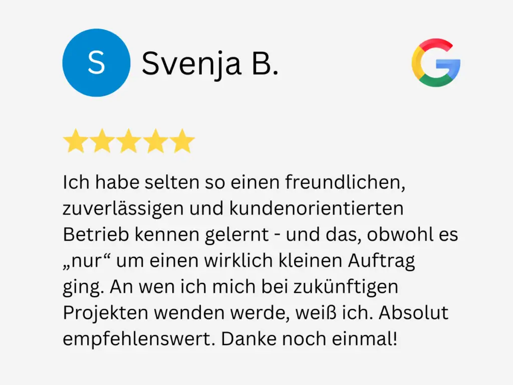 Google-Bewertung von Svenja B. mit fünf Sternen